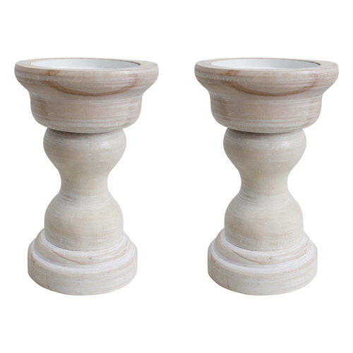 2PK LVD Wood Metal Small 17cm Pillar Candle Holder Home Decor - Wash