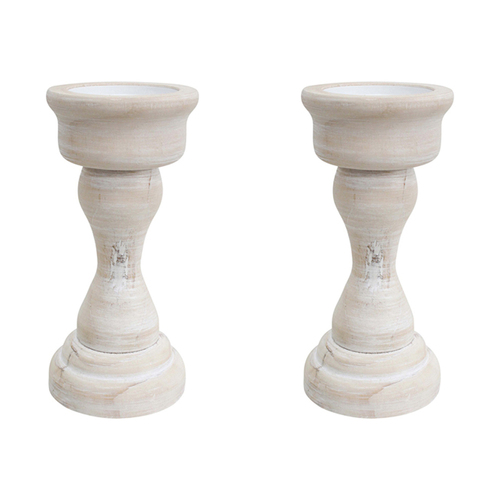 2PK LVD Wood Metal Medium 23cm Pillar Candle Holder Home Decor- Wash