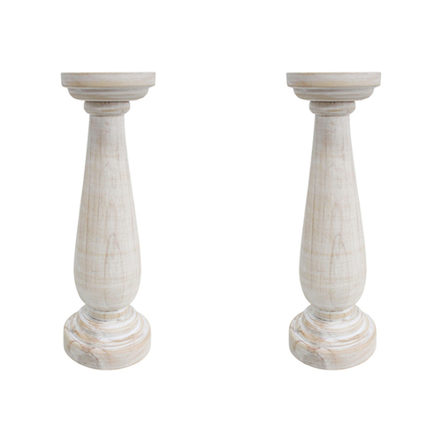 2PK LVD Wood Metal Large 31cm Pillar Candle Holder Home Decor- Wash