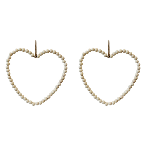 2PK LVD Wood/Metal/Jute 32cm Beaded Heart Hanging Ornament Large - Natural