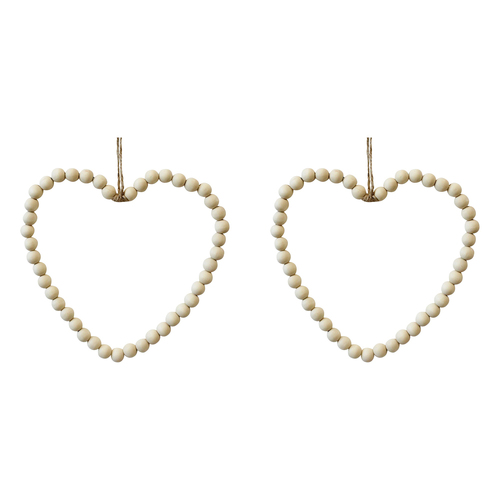 2PK LVD Wood/Metal/Jute 25cm Beaded Heart Hanging Ornament Medium - Natural