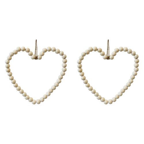 2PK LVD Wood/Metal/Jute 20cm Beaded Heart Hanging Ornament Small - Natural