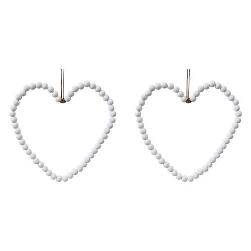 2PK LVD Wood/Metal/Jute 32cm Beaded Heart Hanging Ornament Large - White