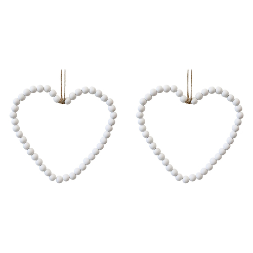 2PK LVD Wood/Metal/Jute 20cm Beaded Heart Hanging Ornament Small - White