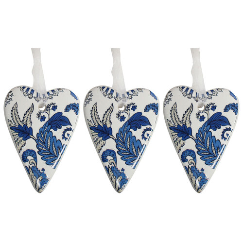 3PK LVD Ceramic Hanging 6x8cm Gift Tag Heart Indigo Magic Ornament Decor