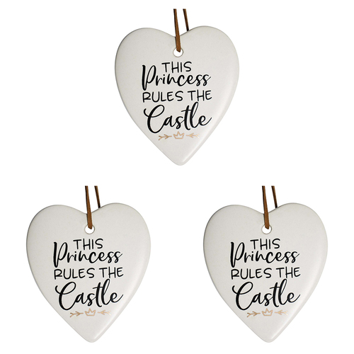 3PK LVD Ceramic Hanging 8x9cm Heart Princess Rules w/ Hanger Ornament Decor