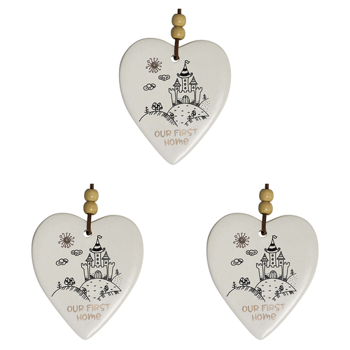 3PK LVD Ceramic Hanging 8x9cm Heart First Home w/ Hanger Ornament Decor