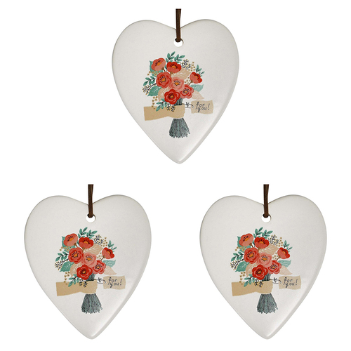 3PK LVD Ceramic Hanging 8x9cm Heart Flower Bunch w/ Hanger Ornament Decor