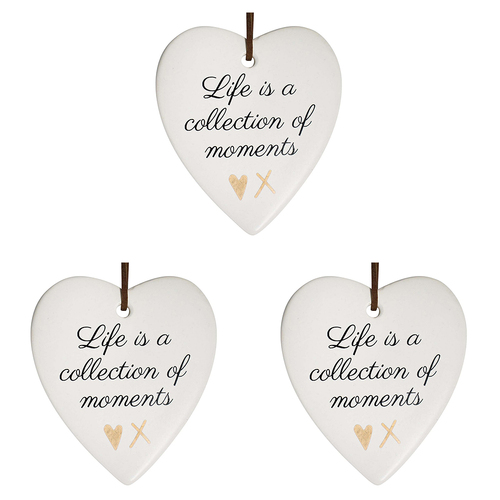 3PK LVD Ceramic Hanging 8x9cm Heart Moments w/ Hanger Ornament Decor
