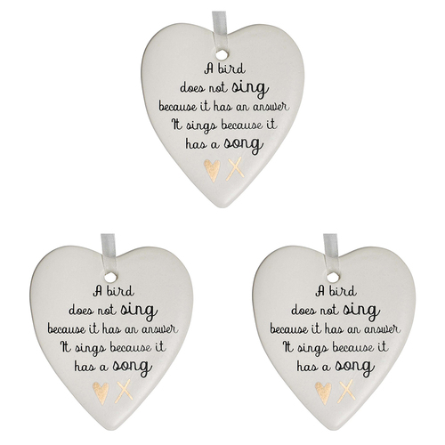 3PK LVD Ceramic Hanging 8x9cm Heart Bird Song w/ Hanger Ornament Decor