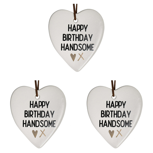 3PK LVD Ceramic Hanging 8x9cm Heart Handsome w/ Hanger Ornament Decor