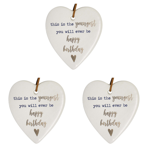 3PK LVD Ceramic Hanging 8x9cm Heart Youngest Birthday w/ Hanger Ornament Decor