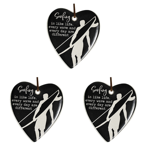 3PK LVD Ceramic Hanging 8x9cm Heart Surfing w/ Hanger Ornament Decor