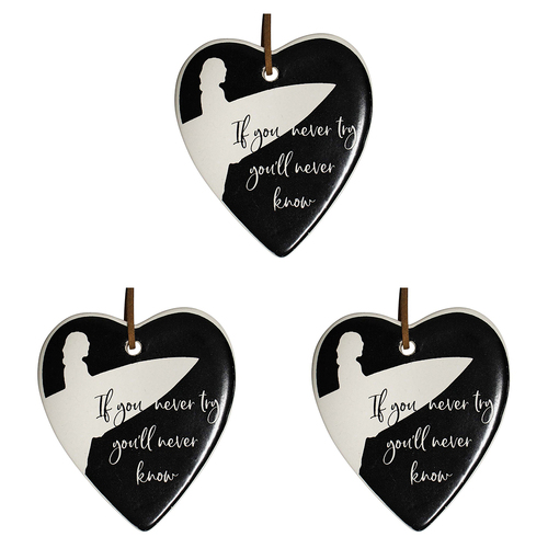 3PK LVD Ceramic Hanging 8x9cm Heart Try Surfing w/ Hanger Ornament Decor