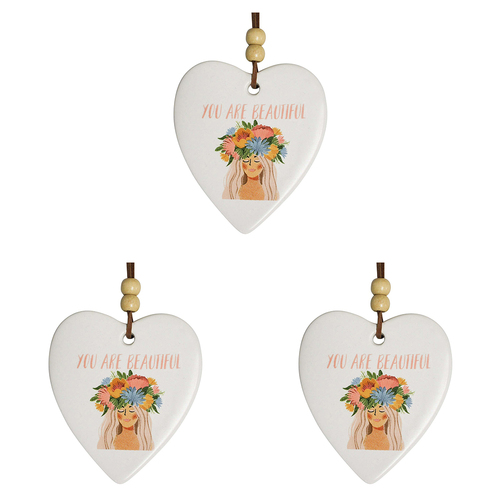 3PK LVD Ceramic Hanging 8x9cm Heart Beautiful w/ Hanger Ornament Decor