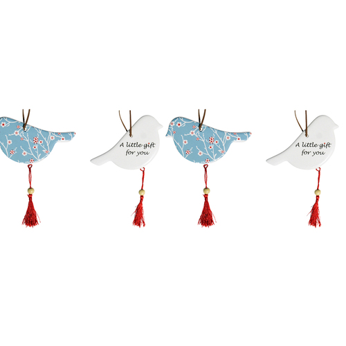 2PK LVD Ceramic Hanging 12cm Bird Blossom w/ Tassel/Hanger Decor - Blue