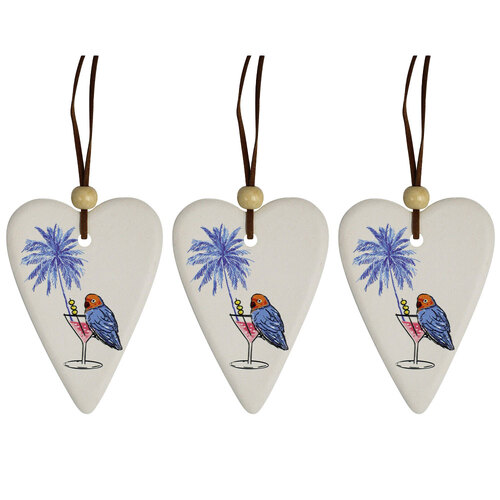 3PK LVD Ceramic Hanging 6x8cm Gift Tag Heart Parrot Friendship Ornament Decor