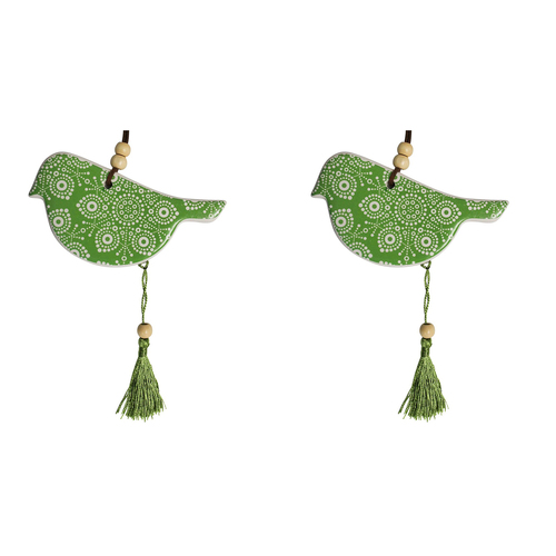2PK LVD Ceramic Hanging 12cm Bird Indigenous w/ Tassel/Hanger Decor - Green