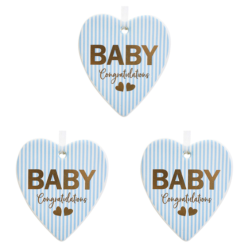 3PK LVD Ceramic Hanging 8x8cm Heart Baby Boy w/ Hanger Ornament Decor