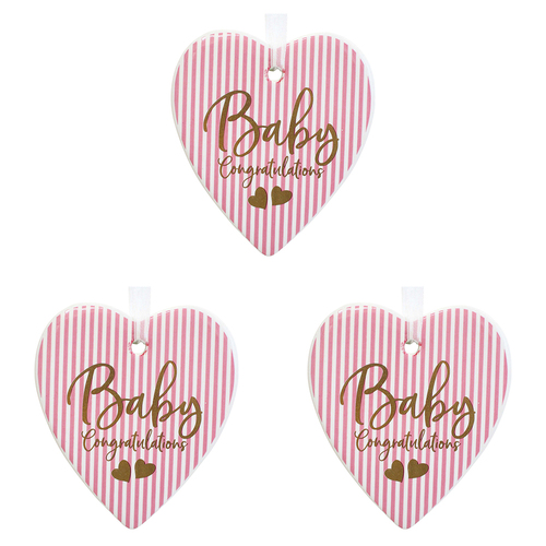 3PK LVD Ceramic Hanging 8x8cm Heart Baby Girl w/ Hanger Ornament Decor