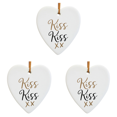 3PK LVD Ceramic Hanging 8x8cm Heart Kiss Kiss w/ Hanger Ornament Decor