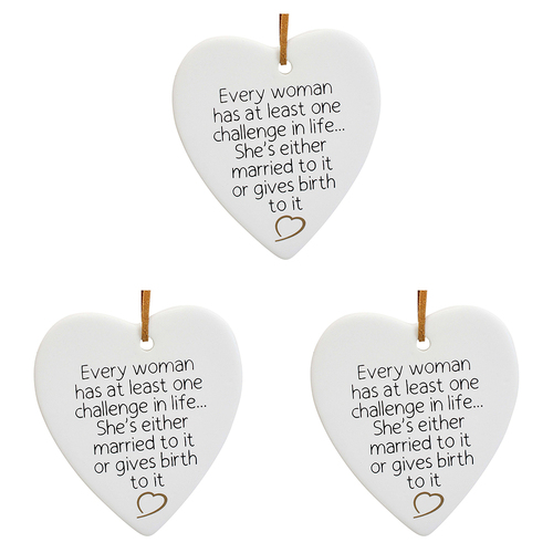 3PK LVD Ceramic Hanging 8x8cm Heart Woman Challenge w/ Hanger Ornament Decor