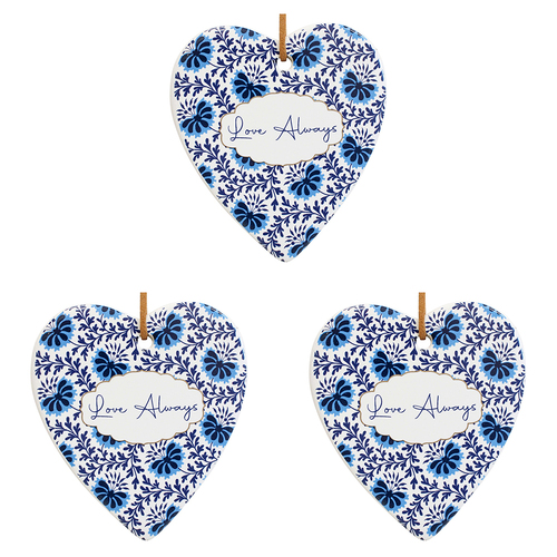 3PK LVD Ceramic Hanging 8x8cm Heart Love Always w/ Hanger Ornament Decor