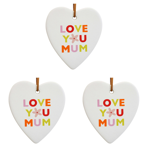 3PK LVD Ceramic Hanging 8x8cm Heart Love Mum w/ Hanger Ornament Decor