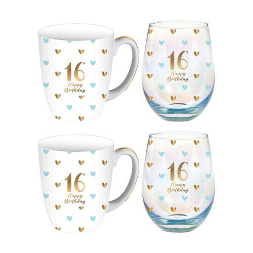 2x 2pc LMD 16th Birthday Sweet Heart Mug & Stemless Wine Glass Set
