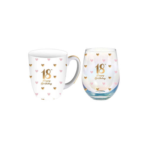 LMD Glass 18th Sweet Heart Mug & Stemless Set 400ml