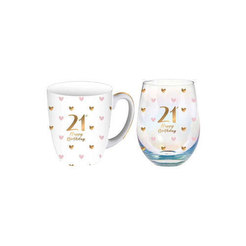 LMD Glass 21st Sweet Heart Mug & Stemless Set 400ml