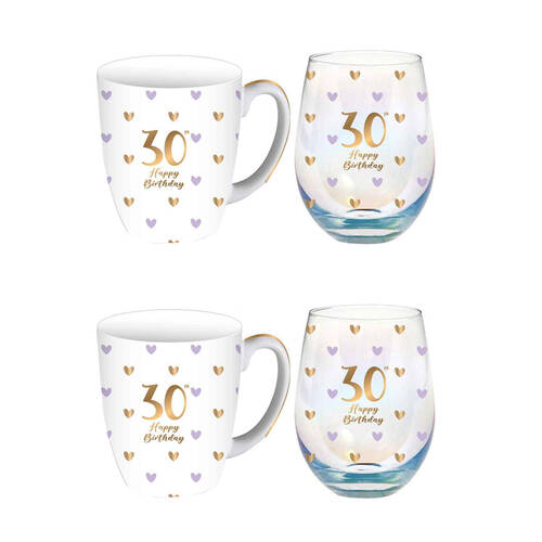 2PK LMD Glass 30th Sweet Heart Mug & Stemless Set 400ml
