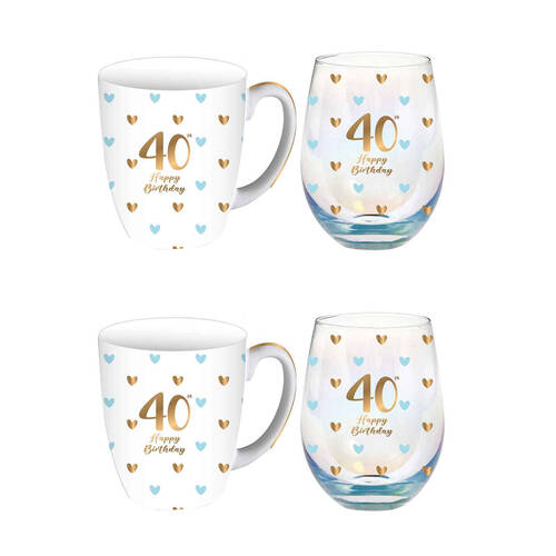 2PK LMD Glass 40th Sweet Heart Mug & Stemless Set 400ml