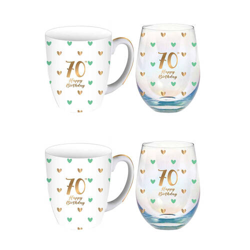 2PK LMD Glass 70th Sweet Heart Mug & Stemless Set 400ml