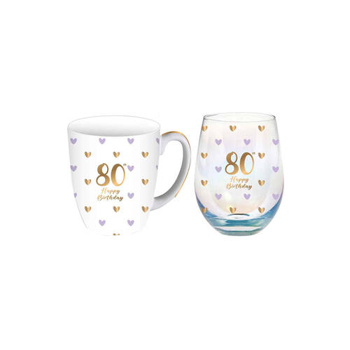 LMD Glass 80th Sweet Heart Mug & Stemless Set 400ml