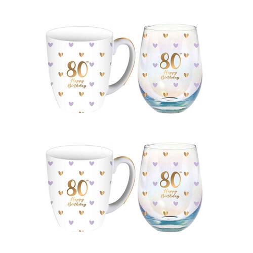2PK LMD Glass 80th Sweet Heart Mug & Stemless Set 400ml