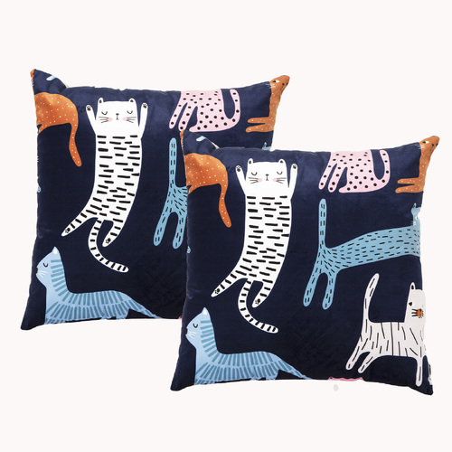 2pc Renee Taylor Poly Velvet Printed Filled Cushions 50x50cm Misty Cat