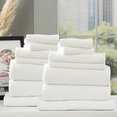 14pc Renee Taylor Cobblestone 650GSM Cotton Ribbed Towel Packs White