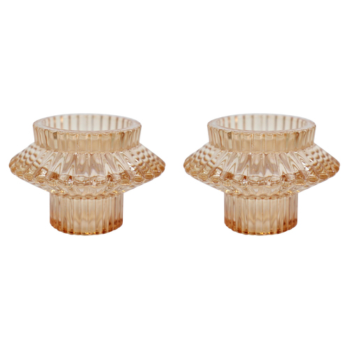 2PK LVD Glass 8cm Double Sided Pillar/Taper Candle Holder - Toffee