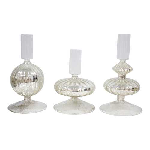LVD 3pc Glass Sparkle 13/16cm Taper Stick Candle Holder Set - Silver