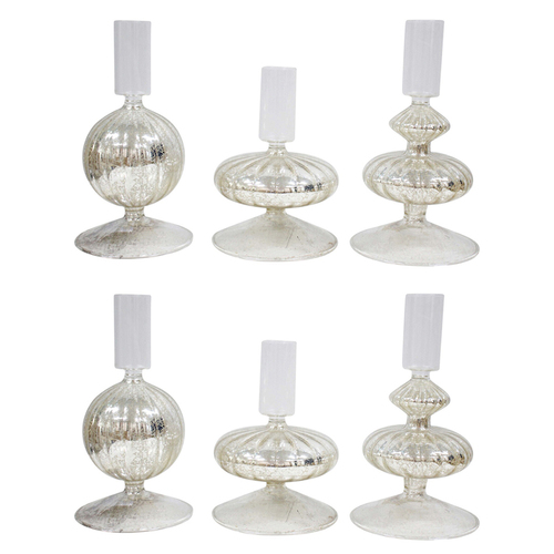2x LVD 3pc Glass Sparkle 13/16cm Taper Stick Candle Holder Set - Silver