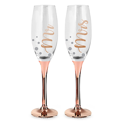 2pc Wedding Glasses Mr & Mrs Rose Gold Champagne Glass