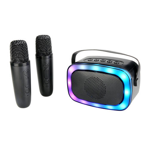 Laser Mini Karaoke Bluetooth Speaker w/ 2xWireless Microphones RGB LED Light