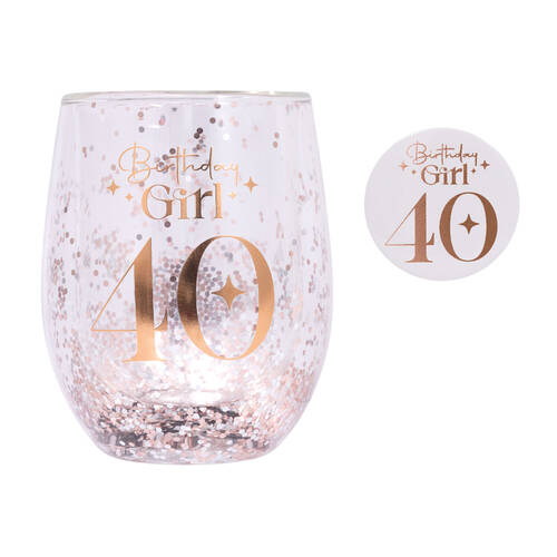 Splosh Celebration 40th Glitter Stemless Glass & Badge Set 10x12cm