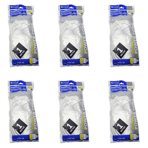 6PK Sansai Piggy Back Plug Indoor Extension Cord 1M - White