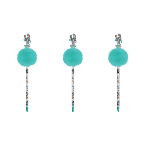 3PK Friends Branded Marl Blue Coloured Novelty Pom Pom Pen
