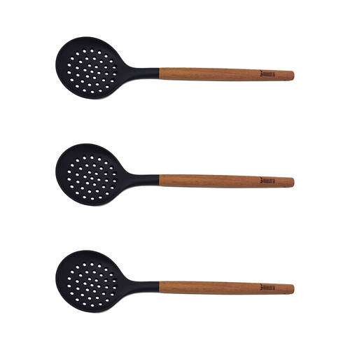 3PK Bialetti St. Clare Silicone Skimmer Cooking Utensil w/ Acacia Handle 31cm Black