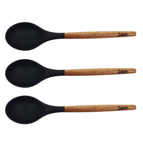 3PK Bialetti St. Clare Black Silicone Solid Spoon w/ Acacia Handle 31cm