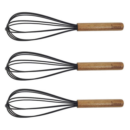 3PK Bialetti St.Clare Silicone Whisk w/ Acacia Handle Egg Beater Black