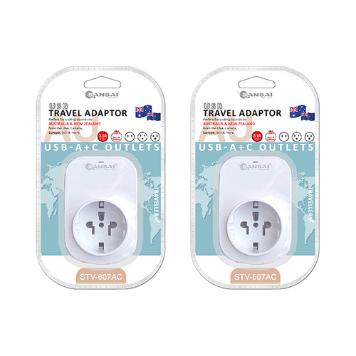 2PK Sansai Worldwide Travel Adaptor USB-C+A USA/Canada/Europe to AU/NZ Plug